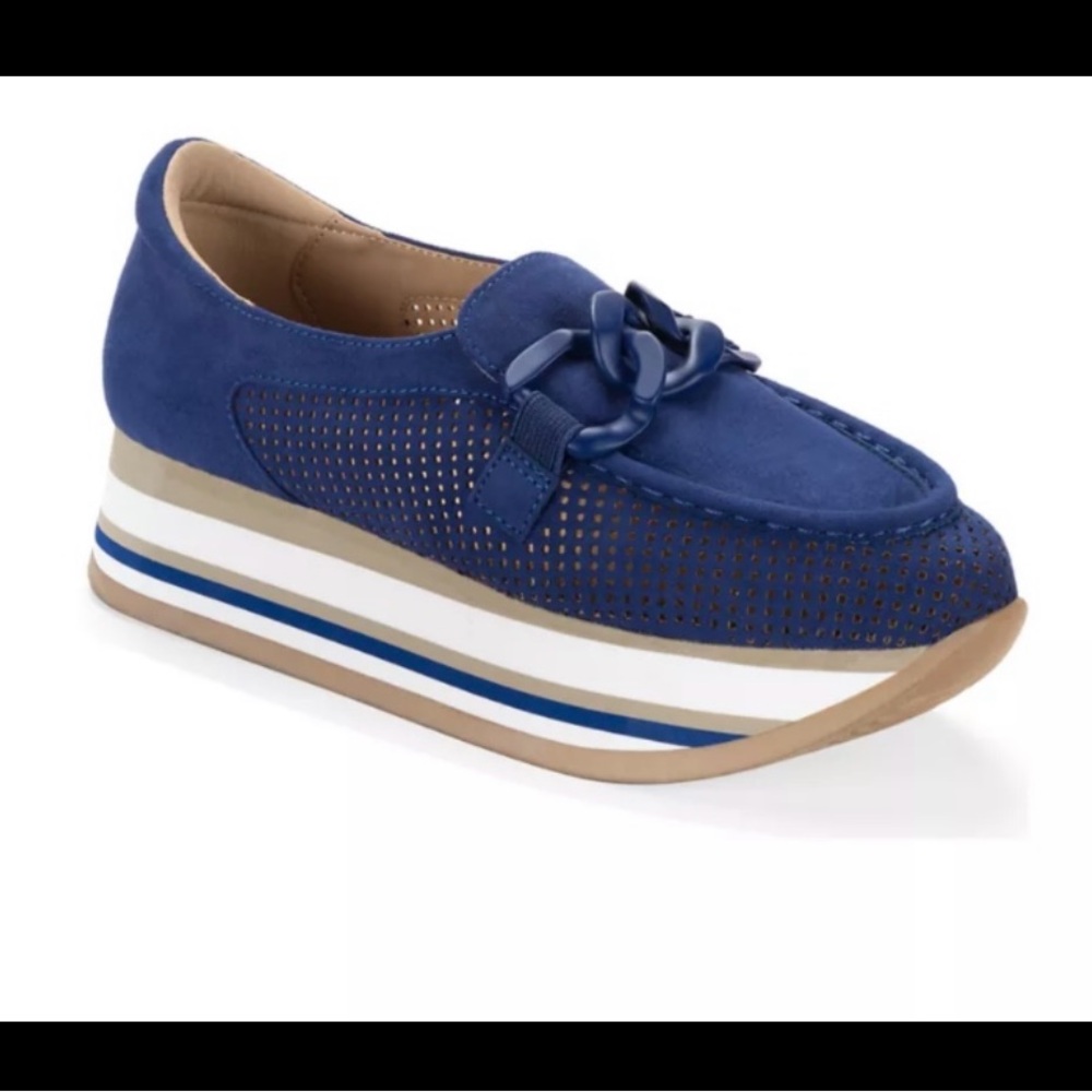 Crown & Ivy Bright Navy Blue Platform Perforated Loafer with Chain Accent